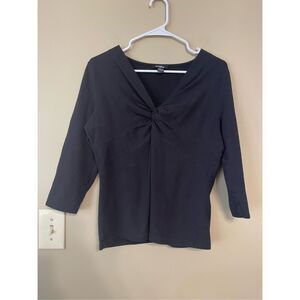 Womens Black Cotton Three Quarter Sleeve Deep V-Neck Scrunch Bust Shirt Large